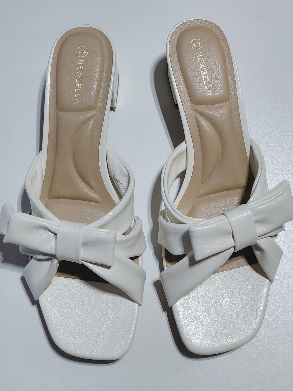 NEWBELLA Women's Cream Slip On  Bow Details Block Heel Sandals Size 9